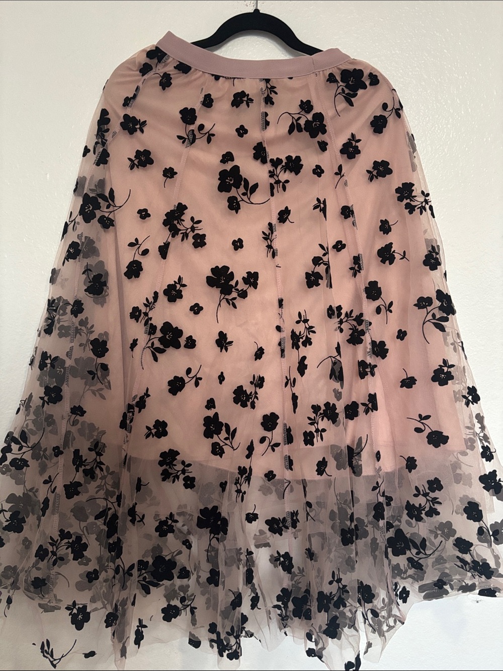 Blush Pink Maxi Skirt with Black Floral Overlay size S